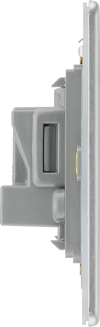 FBS29G Side - This 5A round pin socket from British General can be used to connect lamps to a lighting circuit. The brushed steel finish has an anti-fingerprint lacquer and slim clip-on/off front-plate to add a touch of luxury to your decor.