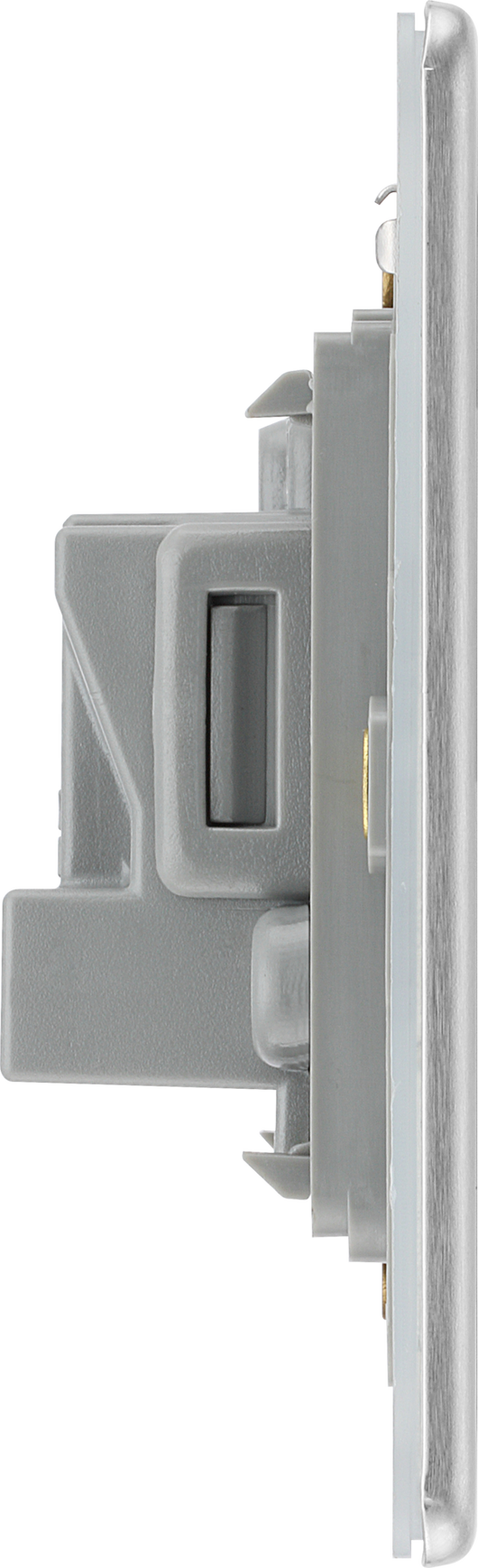 FBS29G Side - This 5A round pin socket from British General can be used to connect lamps to a lighting circuit. The brushed steel finish has an anti-fingerprint lacquer and slim clip-on/off front-plate to add a touch of luxury to your decor.