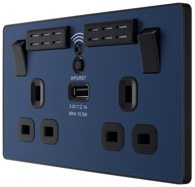 BG PCDDB22UWRB Matt Blue Evolve 2 Gang 13A 1x USB-A 2.1A Wi-FI Extender Switched Socket Outlet - Black Insert