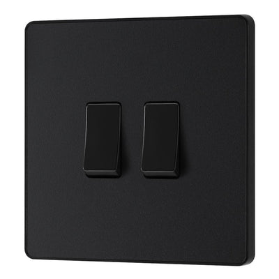 BG Evolve Matt Black 2 Gang 20A 16AX 2 Way Light Switch PCDMB42B with 35mm Steel Back Box