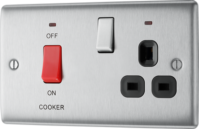BG NBS70B Nexus Metal Brushed Steel 45A 2 Pole Cooker Switch 13A Neon Switched Socket - Black Insert