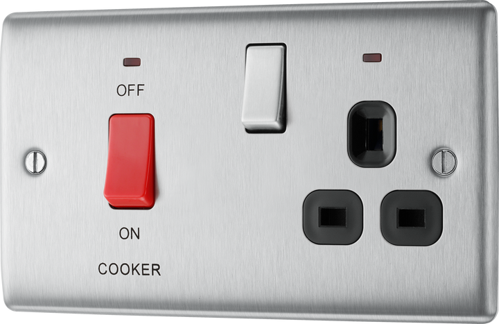 NBS70B Front - This 45A cooker control unit from British General includes a 13A socket for an additional appliance outlet, and has flush LED indicators above the socket and switch.