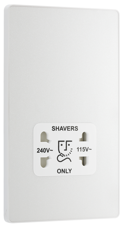 PCDCL20W Front - This Evolve pearlescent white dual voltage shaver socket from British General is suitable for use with 240V and 115V shavers and electric toothbrushes.