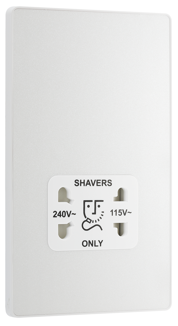 PCDCL20W Front - This Evolve pearlescent white dual voltage shaver socket from British General is suitable for use with 240V and 115V shavers and electric toothbrushes.