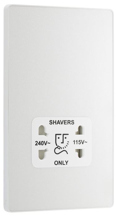 PCDCL20W Front - This Evolve pearlescent white dual voltage shaver socket from British General is suitable for use with 240V and 115V shavers and electric toothbrushes.