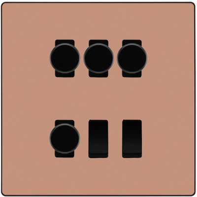 BG Evolve Polished Copper 6 Gang Switch 4x Trailing Edge LED Dimmer 2x 2Way Custom Grid Switch