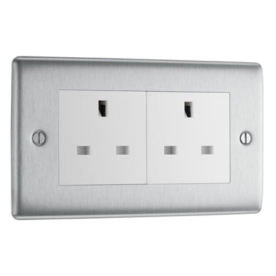 Brushed Steel 2 Gang 13A Unswitched Socket & Surface Pattress Back Box