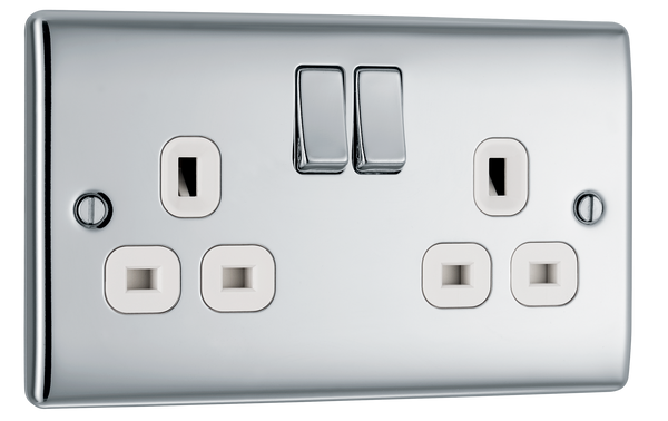 NPC22W Front - This polished chrome finish 13A double switched socket from British General has a sleek and slim profile, with softly rounded edges and no visible plastic around the switch to add a touch of luxury to your decor.