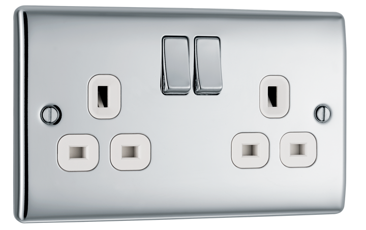 NPC22W Front - This polished chrome finish 13A double switched socket from British General has a sleek and slim profile, with softly rounded edges and no visible plastic around the switch to add a touch of luxury to your decor.