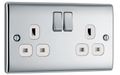NPC22W Front - This polished chrome finish 13A double switched socket from British General has a sleek and slim profile, with softly rounded edges and no visible plastic around the switch to add a touch of luxury to your decor.