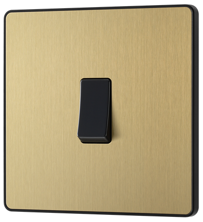 PCDSB13B Front - This Evolve Satin Brass 20A 16AX intermediate light switch from British General should be used as the middle switch when you need to operate one light from 3 different locations, such as either end of a hallway and at the top of the stairs. This switch has a low profile screwless flat plate that clips on and off, making it ideal for modern interiors.