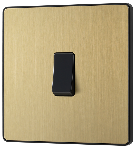 PCDSB13B Front - This Evolve Satin Brass 20A 16AX intermediate light switch from British General should be used as the middle switch when you need to operate one light from 3 different locations, such as either end of a hallway and at the top of the stairs. This switch has a low profile screwless flat plate that clips on and off, making it ideal for modern interiors.