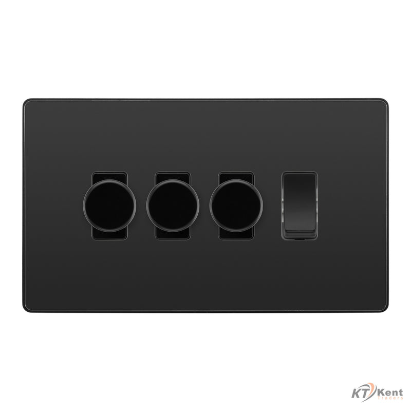 BG Evolve Black Chrome 4 Gang Light Switch 3x Trailing Edge LED Dimmer 1x 2 Way Custom Switch