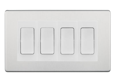 BG Screwless Brushed Steel 4-Gang Light Switch 2x 2-Way + 2x Intermediate – White Inserts