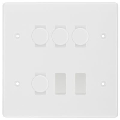 BG White Moulded 6 Gang Light Switch 4x Trailing Edge LED Dimmer, 1x Intermediate, 1x 2-Way Switch by British General (BG-Nexus-WM-6G-4x-Dimmer-1x-INT-1x-2Way)