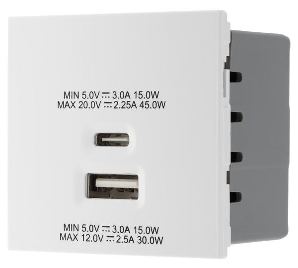 BG EMUSBAC45W Euro Module 2 Port A & C 45 USB Charging Module - White