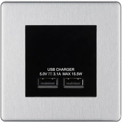 BG Screwless Brushed Steel Dual USB Charger 3.1A Output Socket - Black Insert by British General (BG-FBSEMS2+EMUSB3B)
