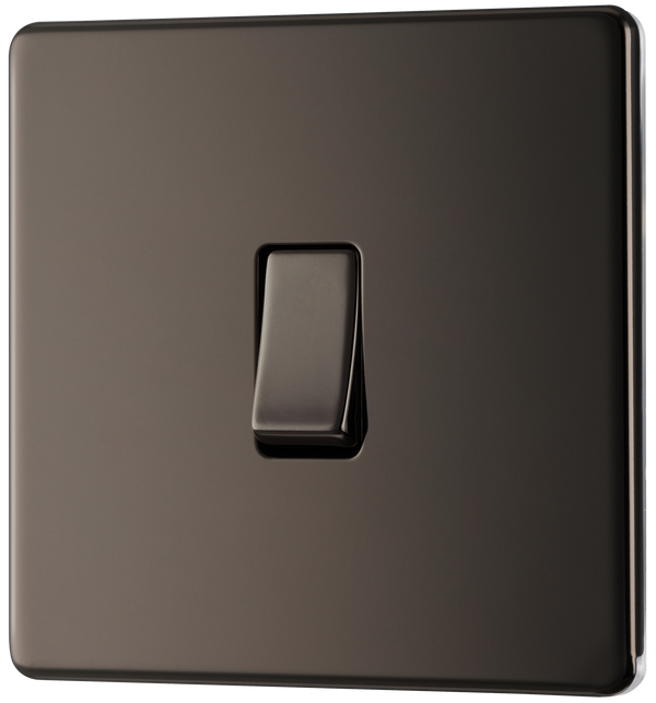 FBN12 Front - This Screwless Flat plate black nickel finish 20A 16AX single light switch from British General will operate one light in a room.