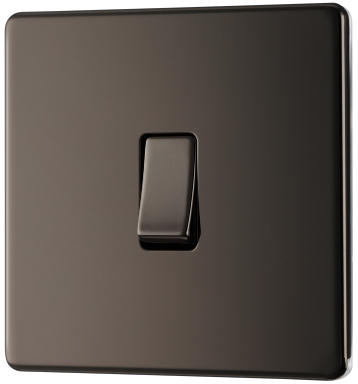 FBN12 Front - This Screwless Flat plate black nickel finish 20A 16AX single light switch from British General will operate one light in a room.