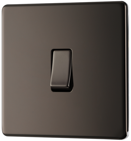 FBN12 Front - This Screwless Flat plate black nickel finish 20A 16AX single light switch from British General will operate one light in a room.