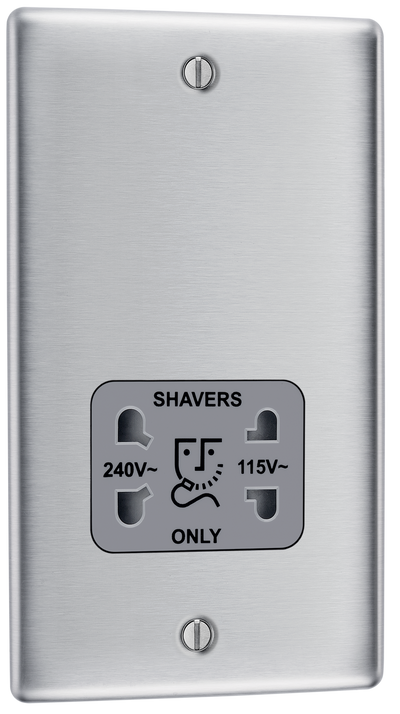 BG NBS20G Metal Brushed Steel 115-230V Dual Voltage Shaver Socket - Grey Insert