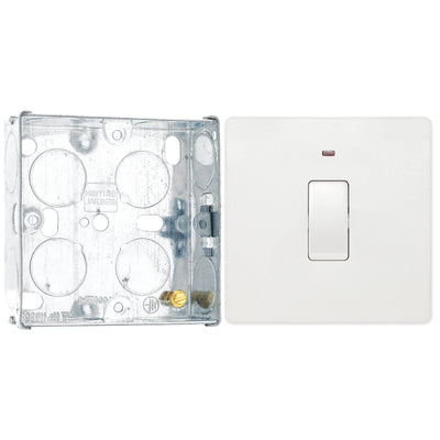 BG Evolve Pearlescent White 20A 2 Pole LED Switch PCDCL31W with 25mm Steel Back Box