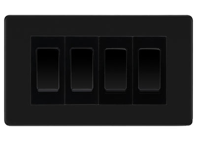 BG Electrical Screwless Matt Black 4-Gang Light Switch 2x 2-Way + 2x Intermediate – Black Inserts