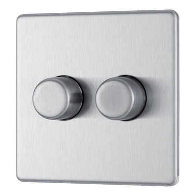 BG Screwless Brushed Steel 200W 2 Way Double Trailing Edge Dimmer Switch FBS82 with 25mm Steel Back Box