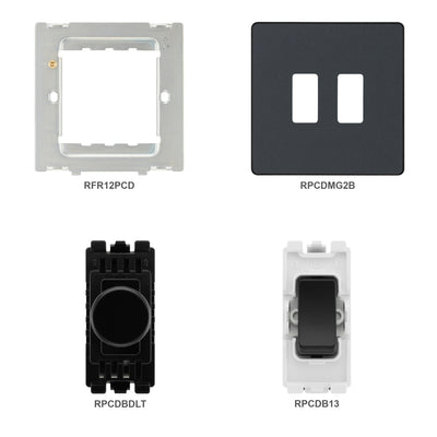 BG Evolve Matt Grey 2 Gang Switch 1x Dual Mode LED Dimmer 1x Intermediate Grid Switch