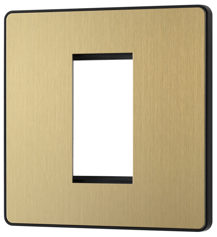 PCDSBEMS1B Front - The Euro Module range from British General combines plates and interchangeable modules so you can configure your own bespoke switches and sockets. This Evolve Satin Brass plate aperture can accommodate one 25mm wide module, and has a low profile screwless flat plate that clips on and off, making it ideal for modern interiors.