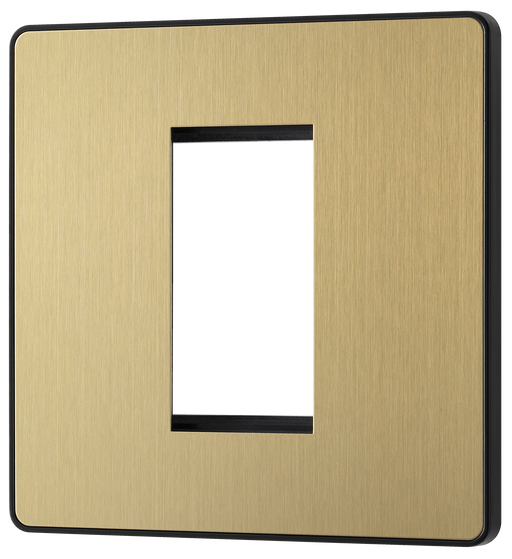 PCDSBEMS1B Front - The Euro Module range from British General combines plates and interchangeable modules so you can configure your own bespoke switches and sockets. This Evolve Satin Brass plate aperture can accommodate one 25mm wide module, and has a low profile screwless flat plate that clips on and off, making it ideal for modern interiors.