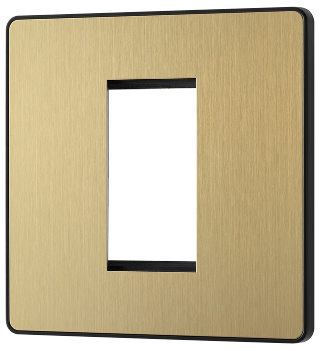 PCDSBEMS1B Front - The Euro Module range from British General combines plates and interchangeable modules so you can configure your own bespoke switches and sockets. This Evolve Satin Brass plate aperture can accommodate one 25mm wide module, and has a low profile screwless flat plate that clips on and off, making it ideal for modern interiors.