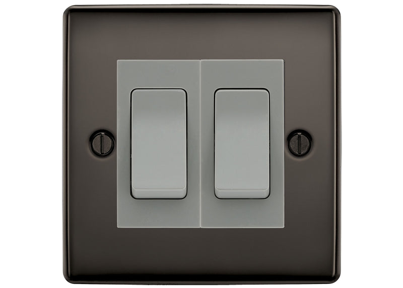 BG Nexus Black Nickel 2-Gang Light Switch 1x 2-Way + 1x Intermediate – Grey Inserts