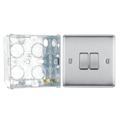 BG Nexus Brushed Steel 20A 16AX 2 Way Double Light Switch NBS42 with 35mm Steel Back Box