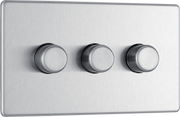 BG Electrical FBS83 Nexus Flatplate Screwless Brushed Steel 3 Gang 200W 2 Way Trailing-Edge Push Dimmer Switch by British General (BG-FBS83-Shopify-SA_1)