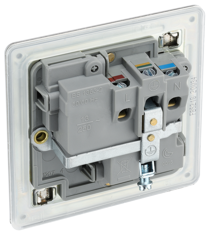 FBS21G Back - This Screwless Flat plate brushed steel finish 13A single switched socket from British General has a sleek flat profile that clips on and off for a screwless appearance and an anti-fingerprint lacquer with no visible plastic around the switch for a premium finish.