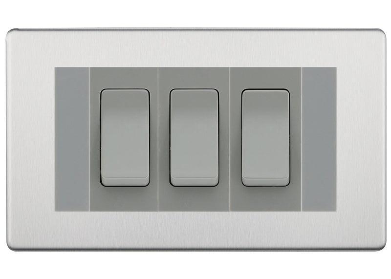 BG Brushed Steel Screwless 3G Switch 1x Intermediate 2x 2 Way Switch - Grey Insert
