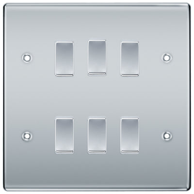 BG Polished Chrome 6 Gang 2 Way Custom Grid Light Switch with Back Box Included by British General (BG-NEXUS-PC-6G-CUSTOM-LIGHT-SWITCH)