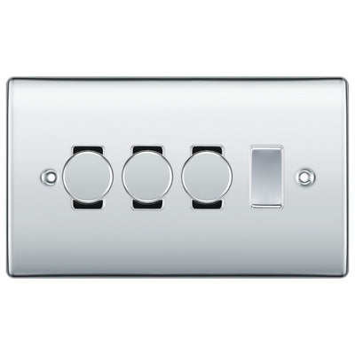 BG Polished Chrome 4 Gang Light Switch 3x Trailing Edge LED Dimmer 1x 2 Way Custom Switch by British General (NEXUS-PC-4G-CUSTOM-3xDIMMER-1x 2Way)
