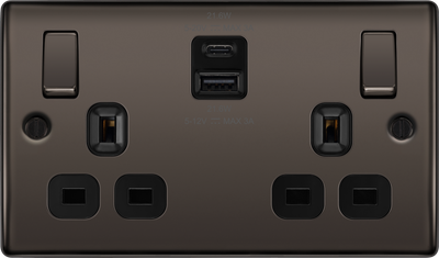 BG NBN22UAC22B Black Nickel Double Socket with USB 22W Type A & Type C USB
