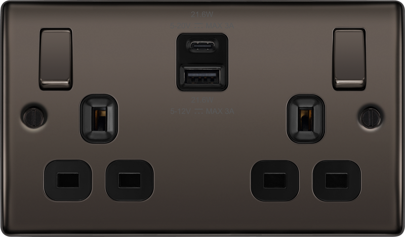 BG NBN22UAC22B Black Nickel Double Socket with USB 22W Type A & Type C USB