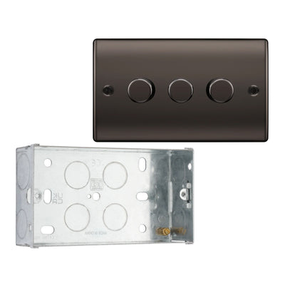 BG Nexus Metal Black Nickle 200W 2 Way Triple Trailing Edge Dimmer Switch NBN83 with 35mm Steel Back Box