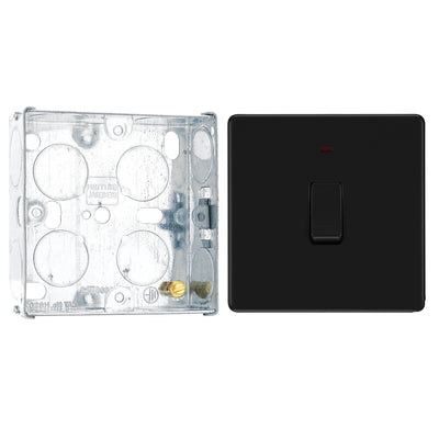 BG Screwless Matt Black 1 Gang 20A DP Neon Switch FFB31 with 25mm Steel Back Box