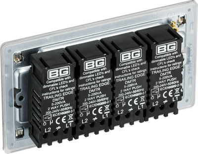 BG Electrical FBS84 Nexus Flatplate Screwless Brushed Steel 4 Gang 200W 2 Way Trailing-Edge Push Dimmer Switch