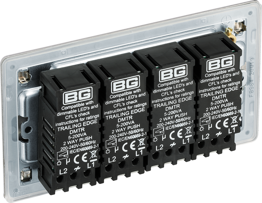 FBS84 Back - This trailing edge quadruple dimmer switch from British General allows you to control your light levels and set the mood. The intelligent electronic circuit monitors the connected load and provides a soft-start with protection against thermal.