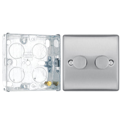 BG Nexus Brushed Steel 200W 2 Way Trailing Edge Double Dimmer Switch NBS82 with 25mm Steel Back Box by British General (BG-NBS82+HGS02)