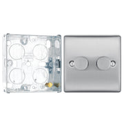 BG Nexus Brushed Steel 200W 2 Way Trailing Edge Double Dimmer Switch NBS82 with 25mm Steel Back Box by British General (BG-NBS82+HGS02)