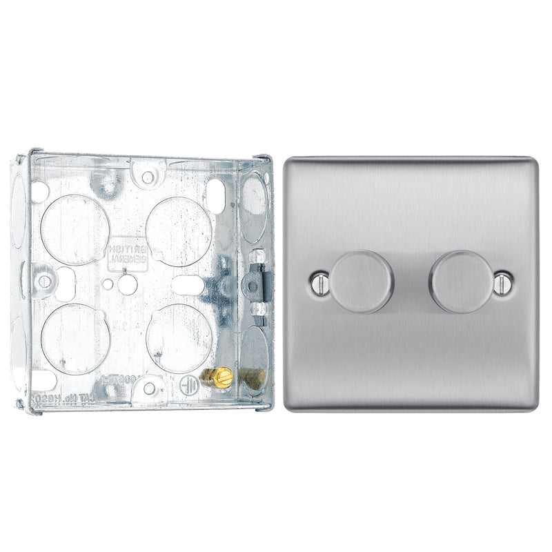BG Nexus Brushed Steel 200W 2 Way Trailing Edge Double Dimmer Switch NBS82 with 25mm Steel Back Box