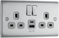 BG NBS22UAC12G Nexus Metal 13A Double Switched Power Socket + USB A+C (12W) - Brushed Steel + Grey Insert