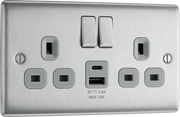 BG NBS22UAC12G Nexus Metal 13A Double Switched Power Socket + USB A+C (12W) - Brushed Steel + Grey Insert by British General (BG-NBS22UAC12G)